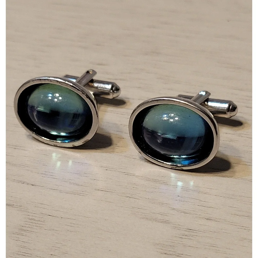 Vintage HICKOK Blue Green Art Glass Cufflinks 1970's Retro Men's Accessories